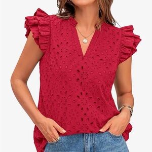 Women's Red Eyelet Ruffle Sleeve Top